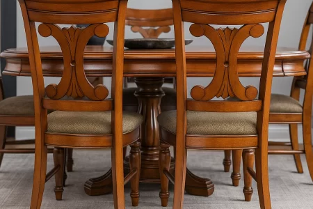 Elegant wooden dining table and chairs set displayed on a rug, ready for disassembly before moving.