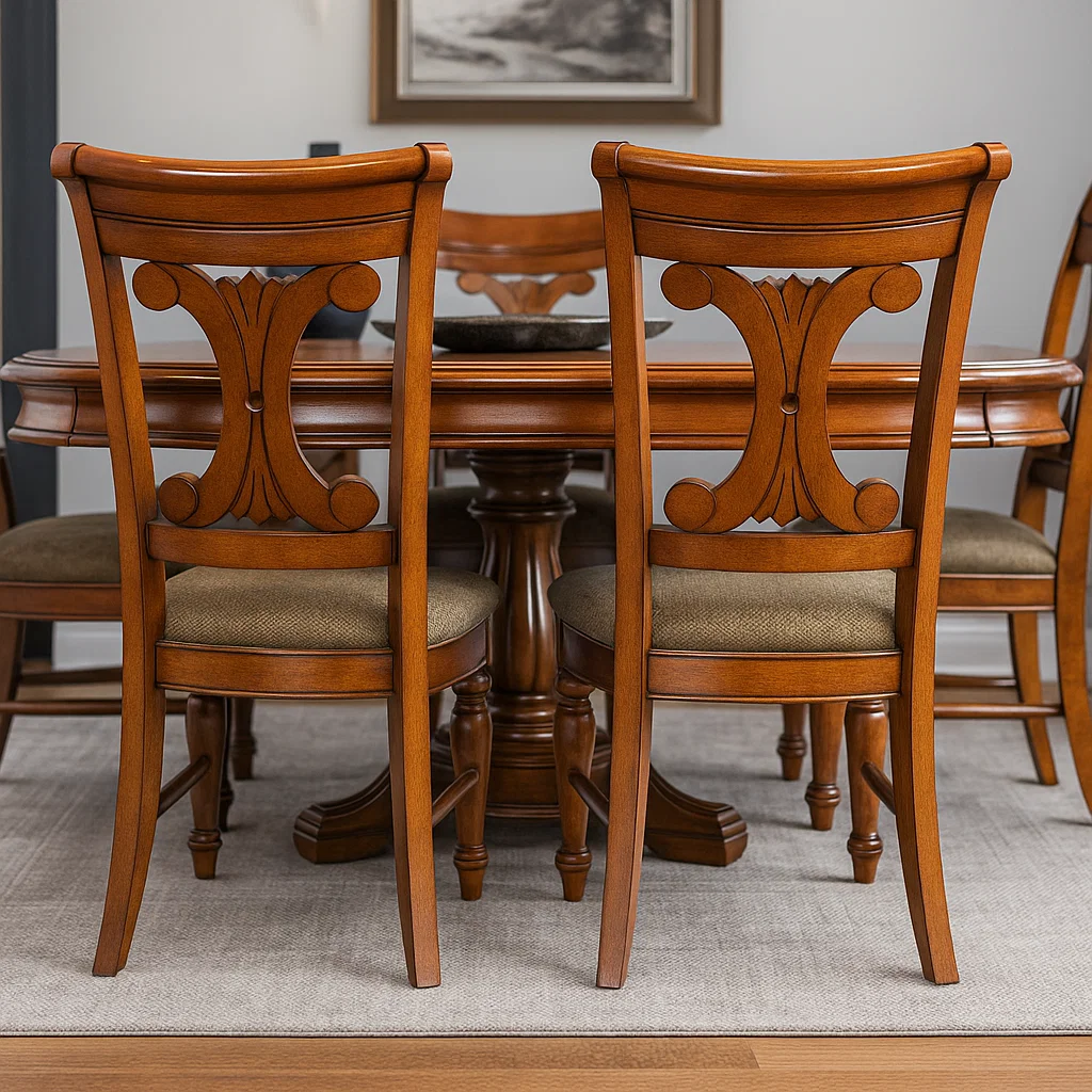 Elegant wooden dining table and chairs set displayed on a rug, ready for disassembly before moving.

