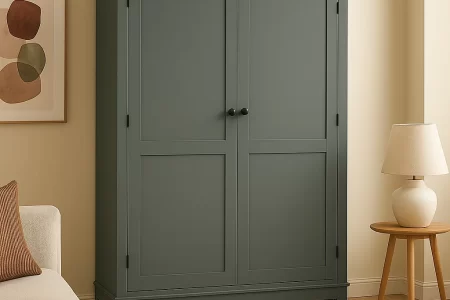 Dark green wardrobe in cozy modern living room corner