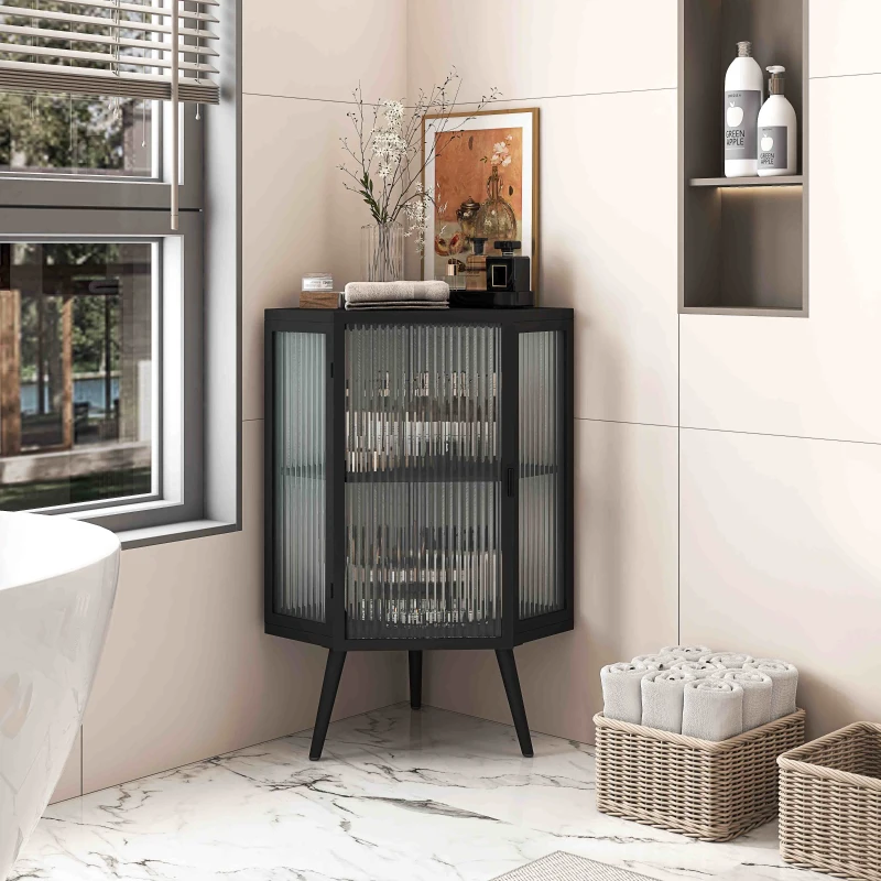 Black corner cabinet styled in a modern bathroom setting.