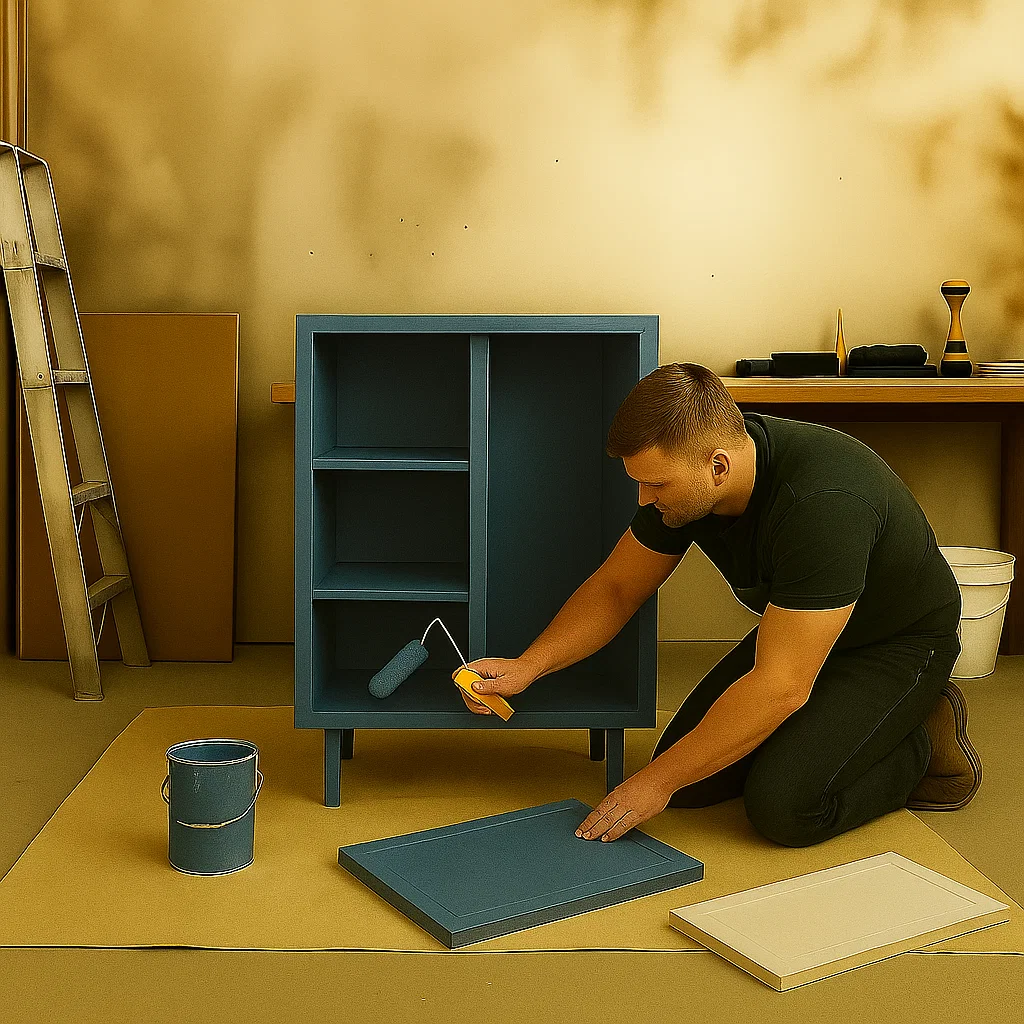 Man using a small roller to paint a wooden cabinet and its detached door in blue.
