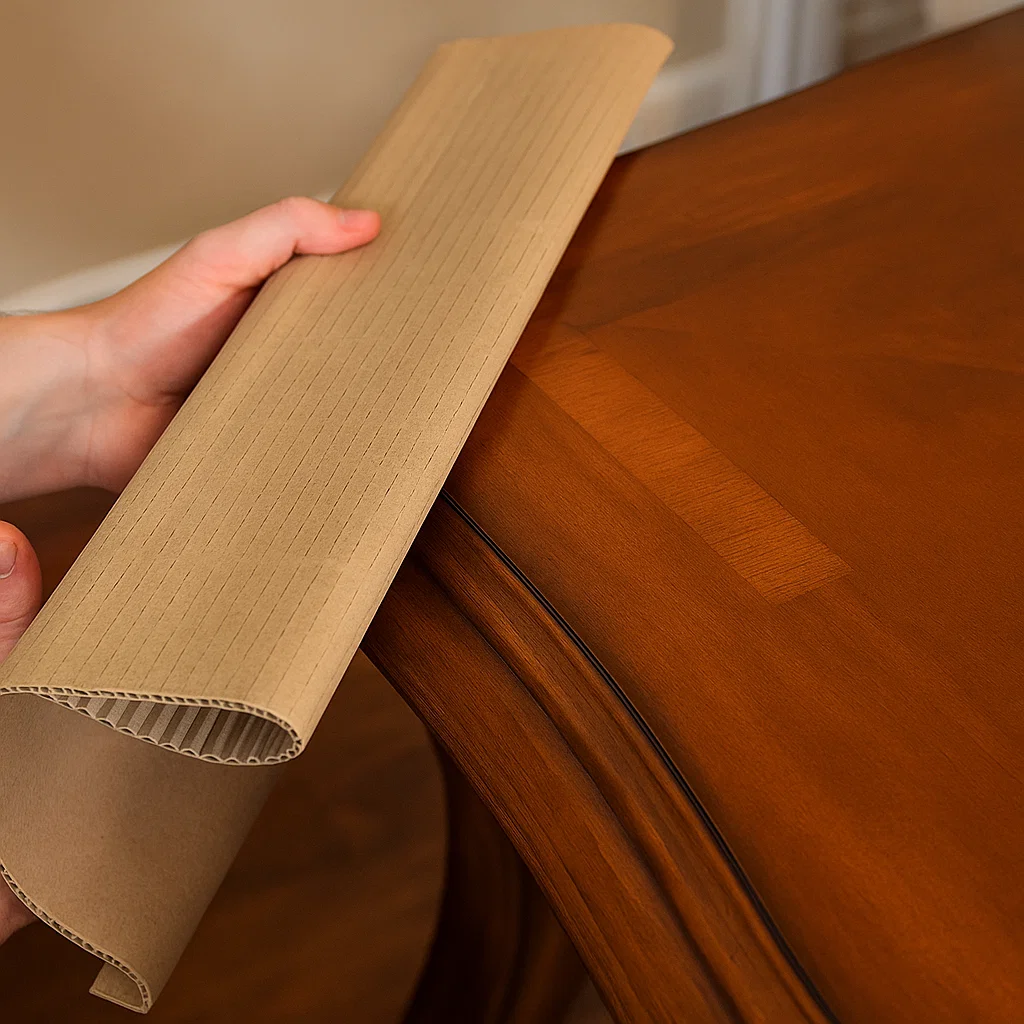 Hand placing corrugated cardboard edge protector on wooden table for secure moving protection.