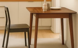 Mid-century dining table with wood finish and minimal decor