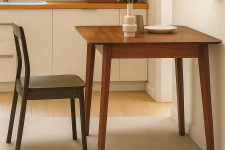 Mid-century dining table with wood finish and minimal decor