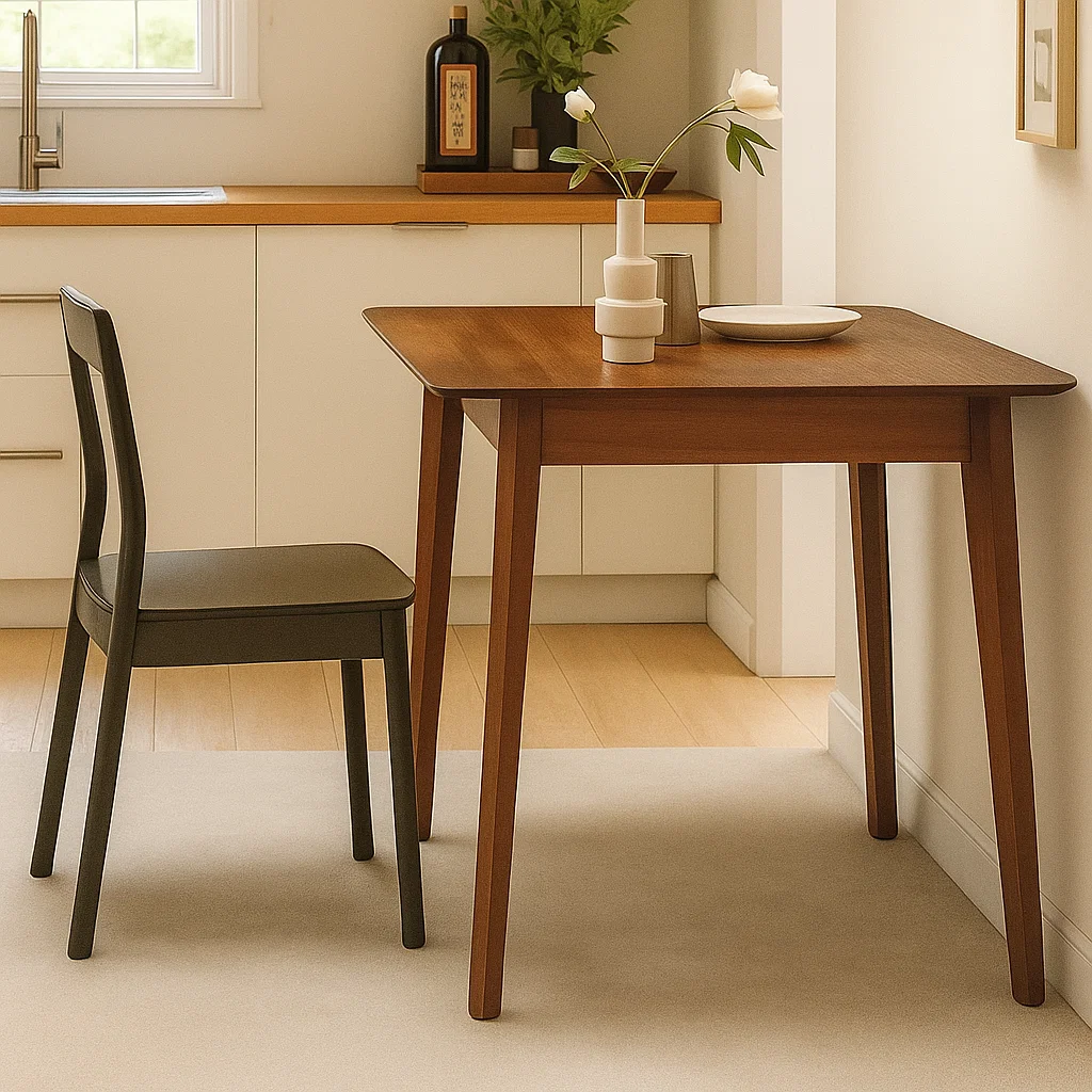 Mid-century dining table with wood finish and minimal decor
