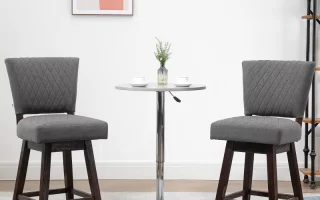 Two grey upholstered bar stools paired with a modern round table.