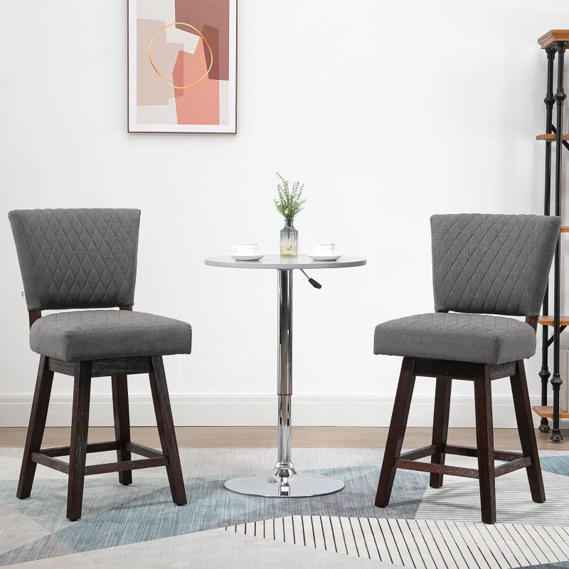 Two grey upholstered bar stools paired with a modern round table.