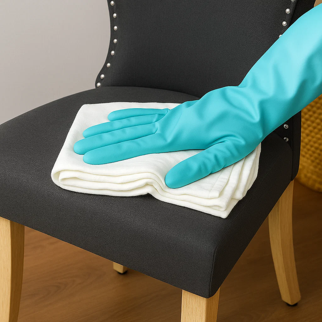 Gloved hand pressing microfiber cloth on dark dining chair to blot soap and rinse fabric gently.