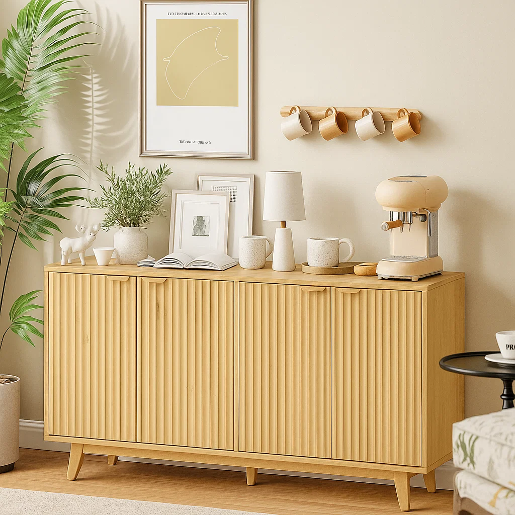 Sideboard decorated with coffee machine, mugs, lamp, and greenery.