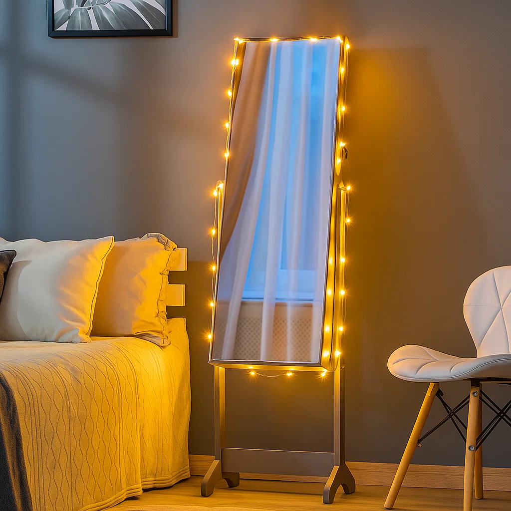 Bedroom mirror outlined with glowing warm fairy string lights.