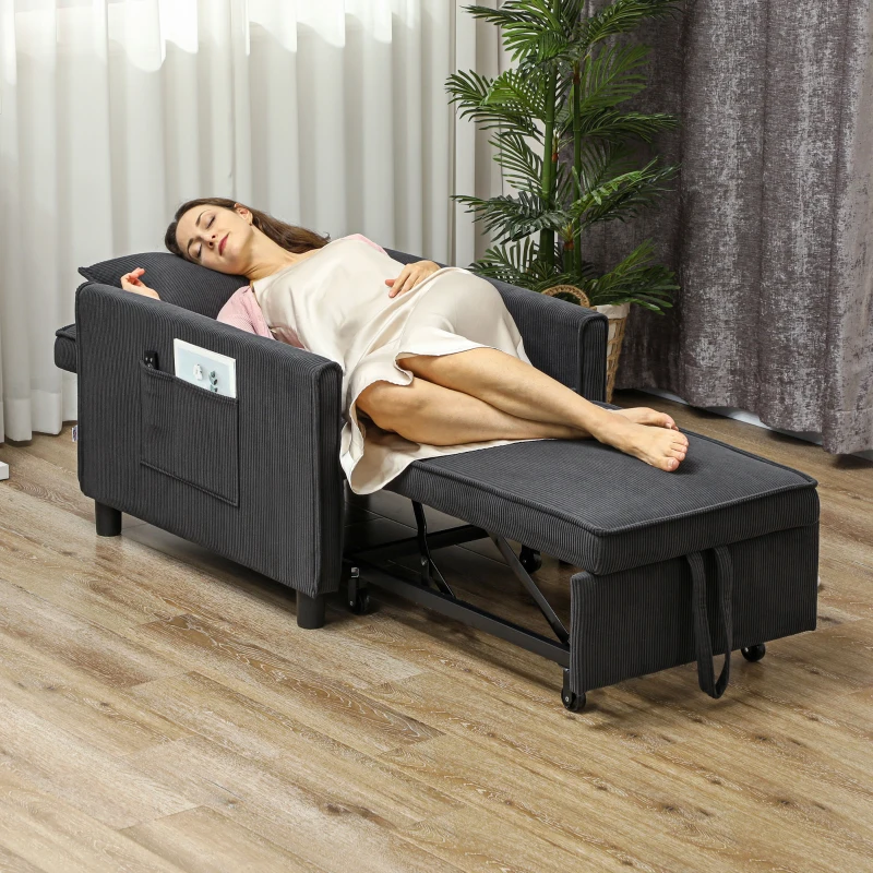 Woman sleeping on dark grey convertible futon with extended leg rest in cozy, sunlit room.
