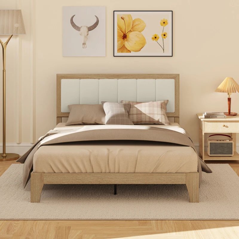 Light wood bed with padded panel headboard