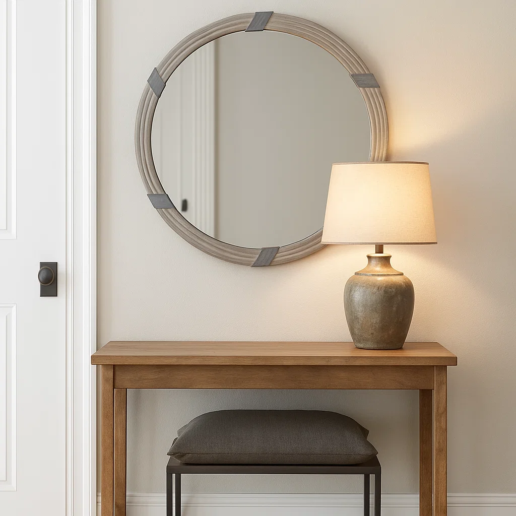 Elegant mirror above a console table in entryway.
