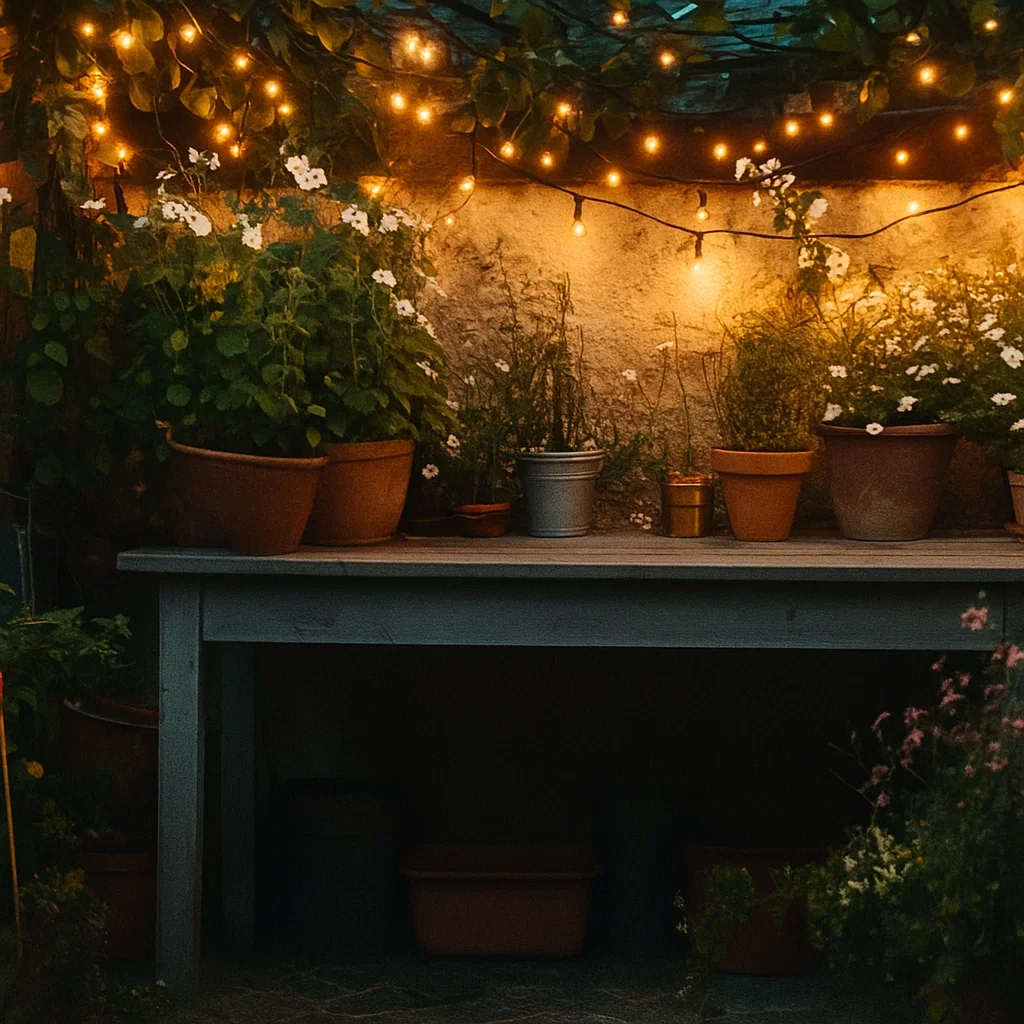 Potting bench decorated with plants under warm string lights.