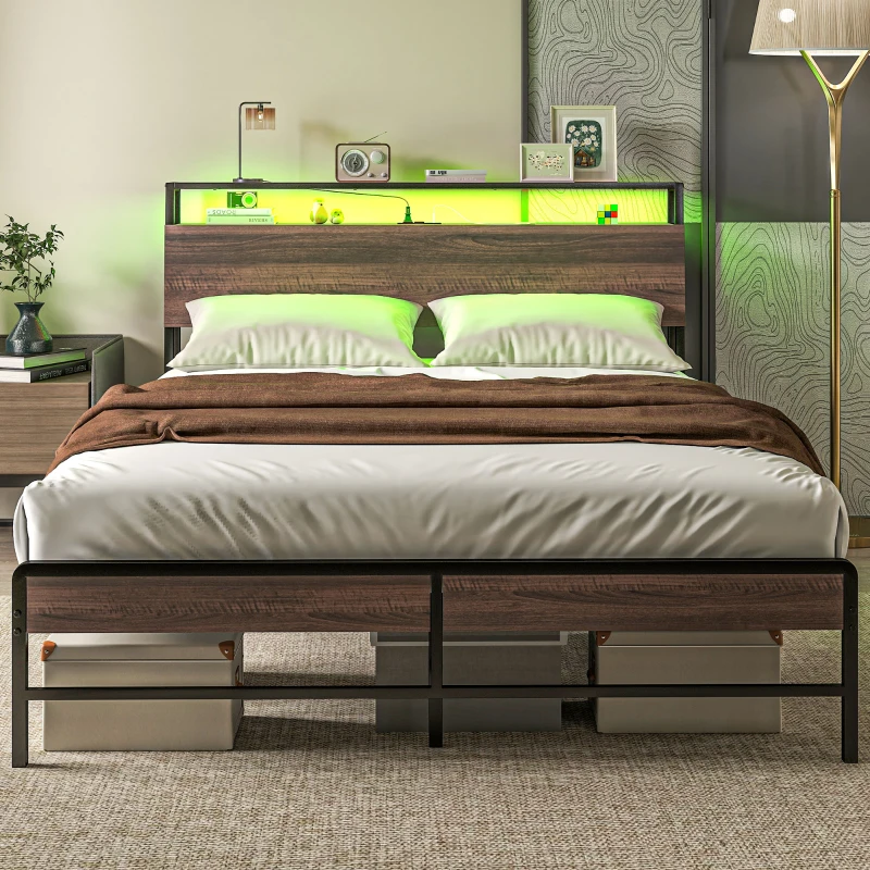 Metal bed with LED-lit storage headboard glowing