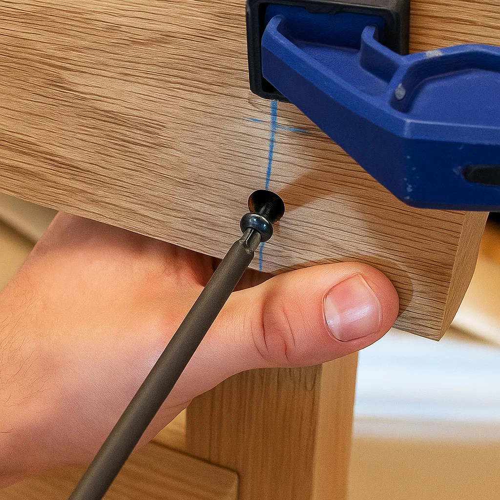 Tightening a screw into a clamped wooden backrest piece.