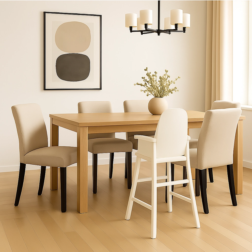 Dining table with upholstered chairs and child seat.