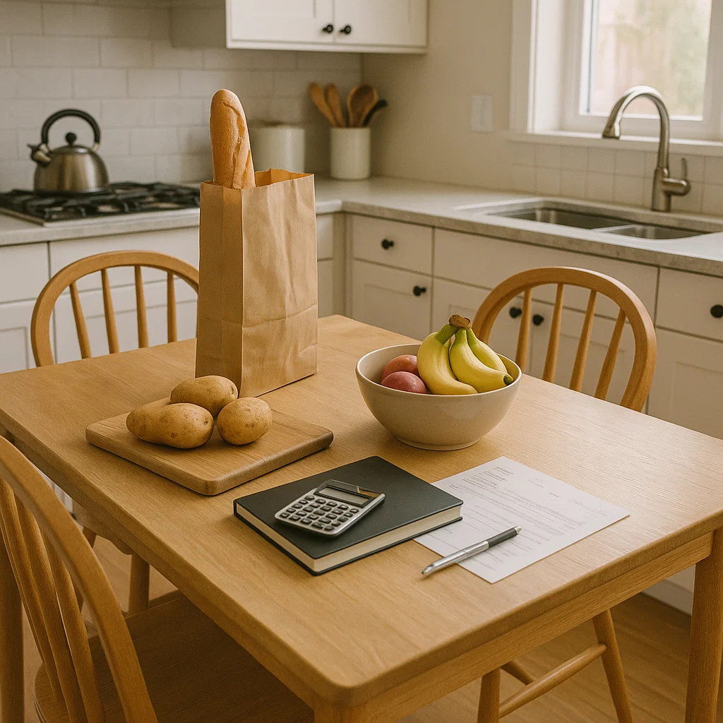 Compact wooden kitchen table with groceries, notebook, and fruit bowl.