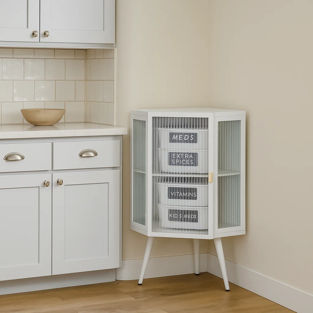 Corner cabinet with labeled storage bin.