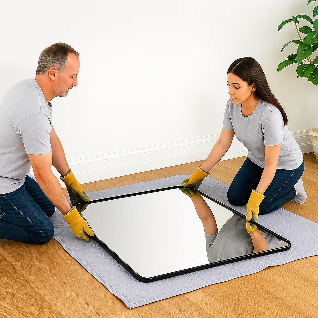 Two people lowering a rectangular mirror onto a padded blanket on the floor.