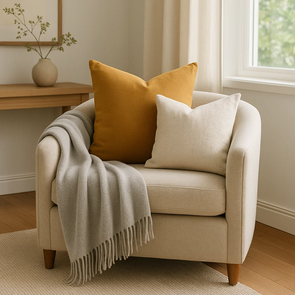 Gray throw blanket and two pillows on armchair
