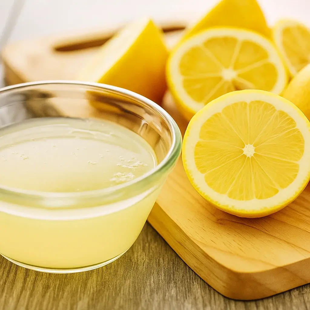 Fresh lemon halves and bowl of juice on cutting board.
