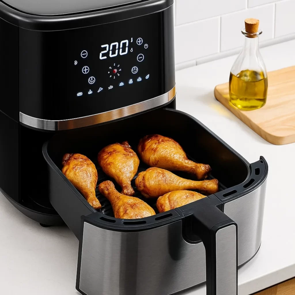 Air fryer basket filled with golden roasted chicken drumsticks ready to serve.