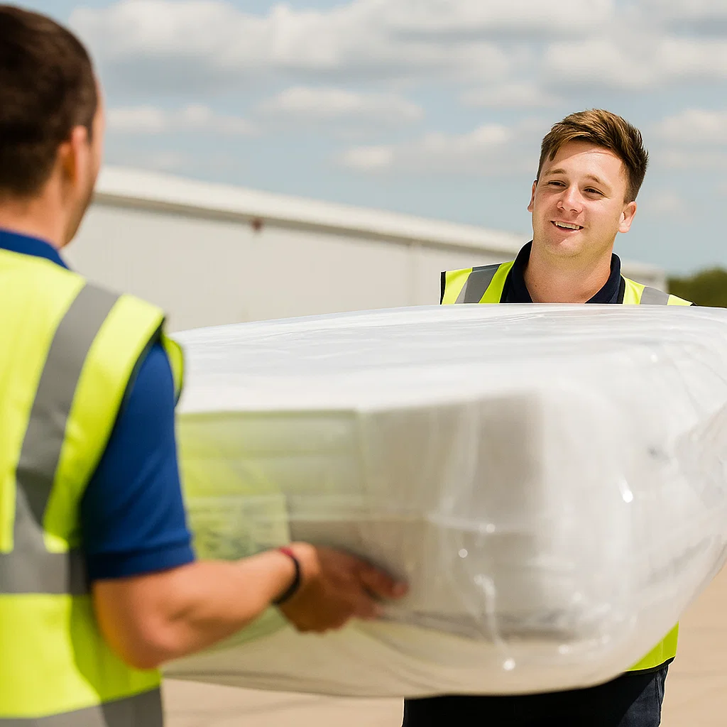 Workers carrying a wrapped mattress in outdoor setting