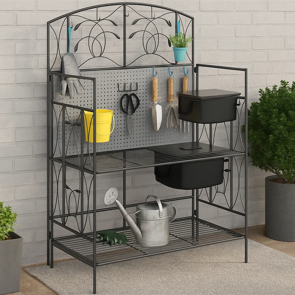 Metal potting bench with pegboard holding tools and planters.