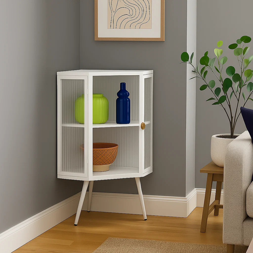 White corner cabinet with colourful vases and bowl decor.