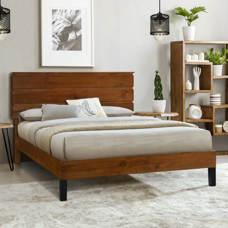 Rustic solid wood bed in cozy neutral room