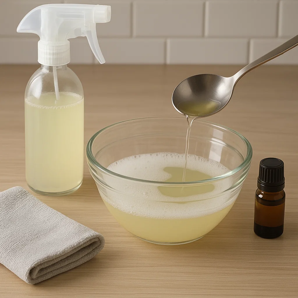 Homemade cleaning solution with oil, and spray bottle
