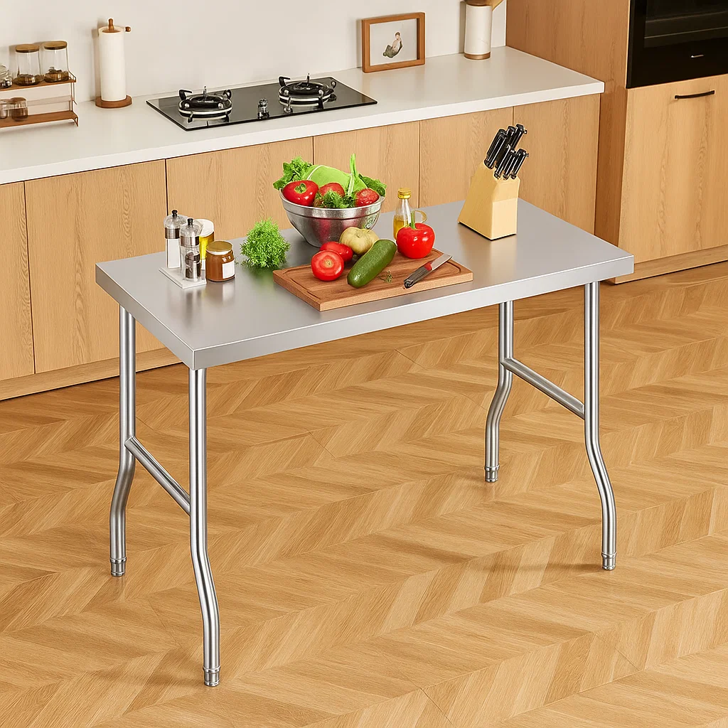 Stainless steel kitchen prep table with vegetables and utensils.