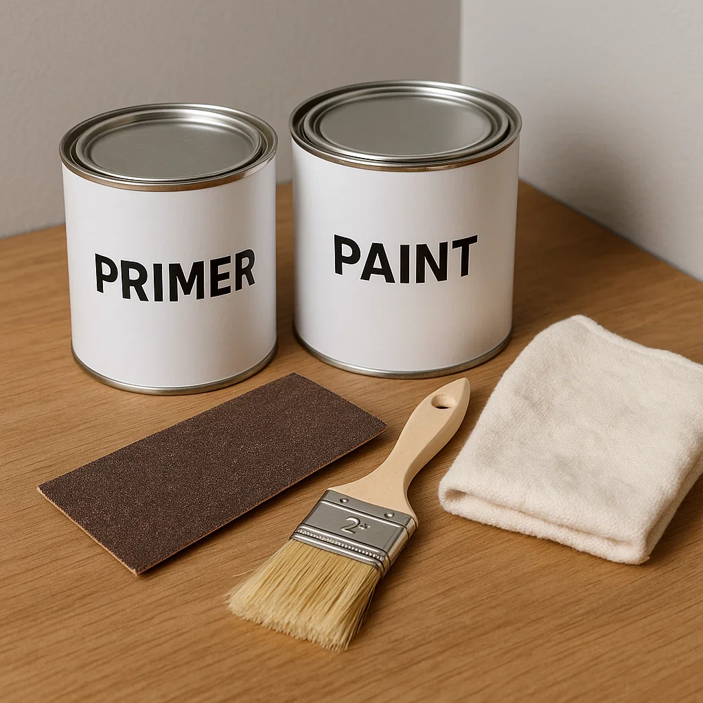  Painting supplies including primer, paint, brush, cloth, and sandpaper.