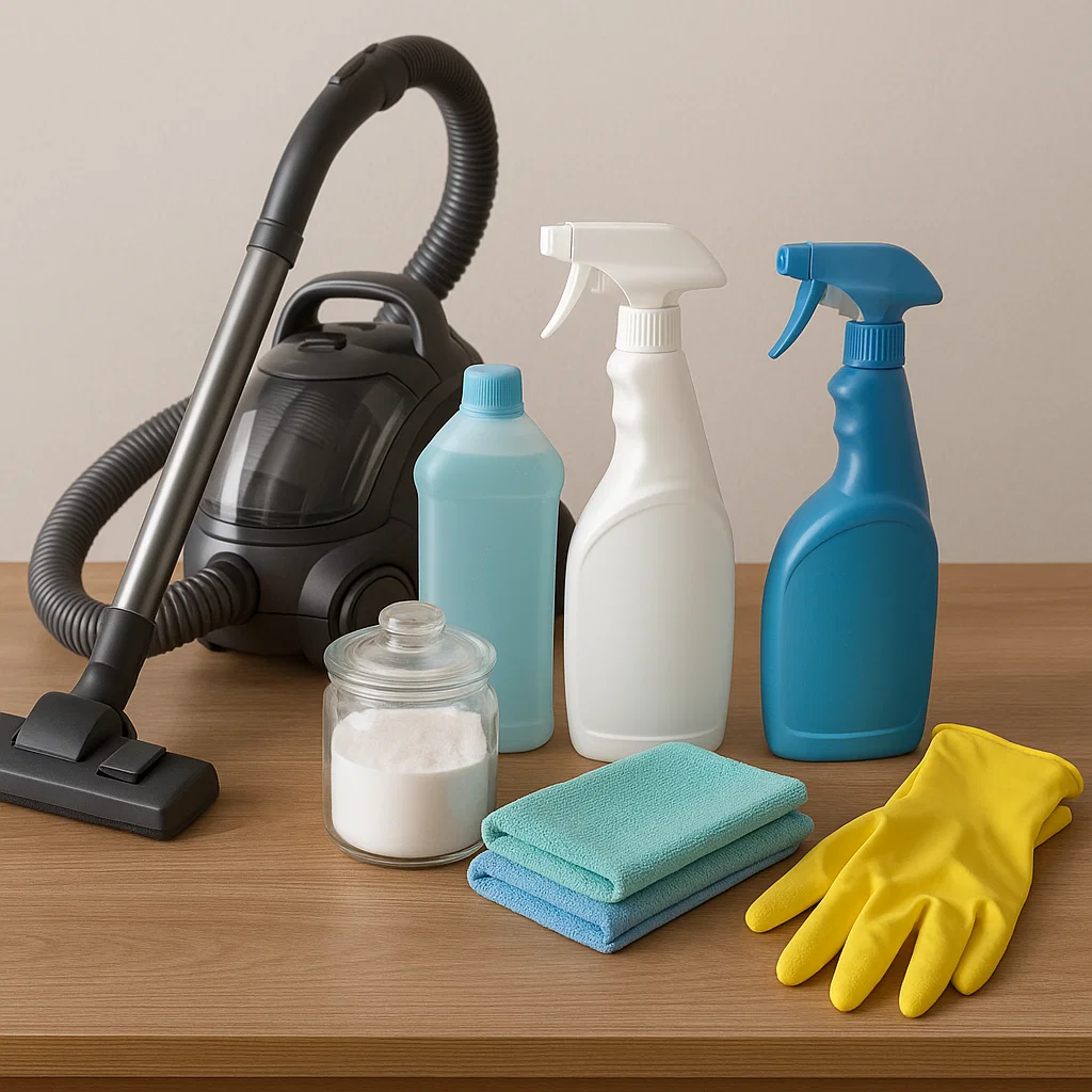 Vacuum, cleaning sprays, gloves, and microfiber cloths on table


