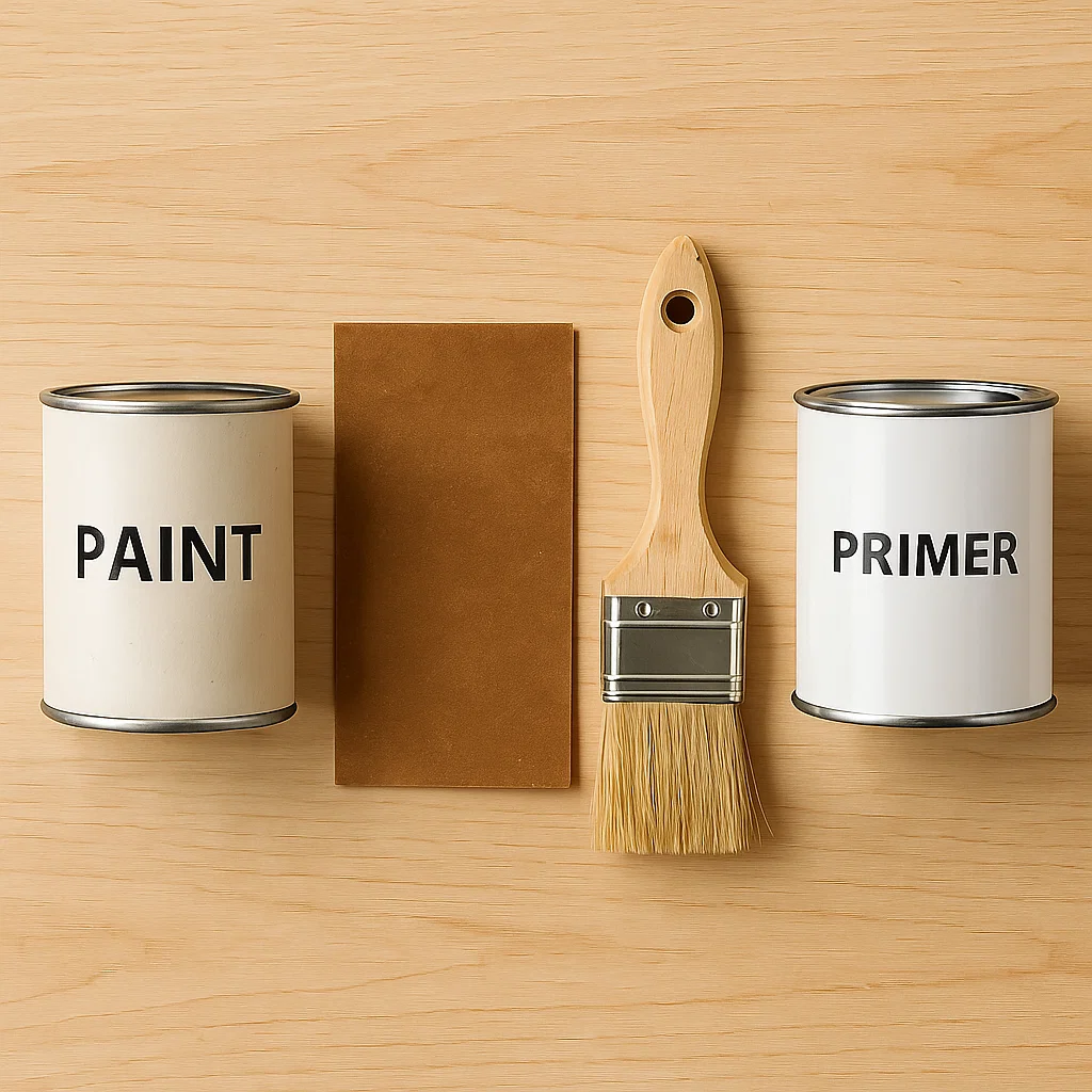 Paint, primer, brush, and sanding block on table