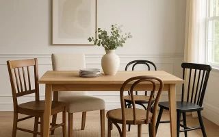 Dining table with mixed chair styles and finishes.