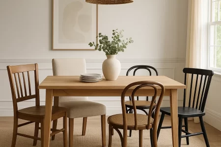 Dining table with mixed chair styles and finishes.