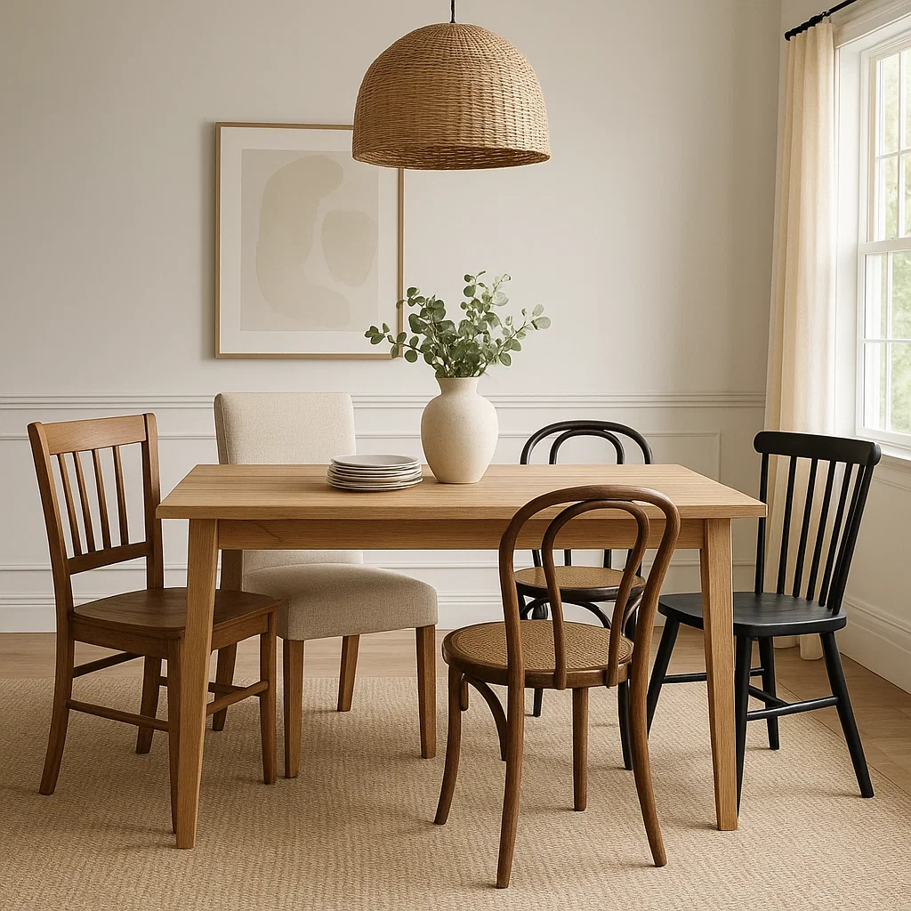 Dining table with mixed chair styles and finishes.