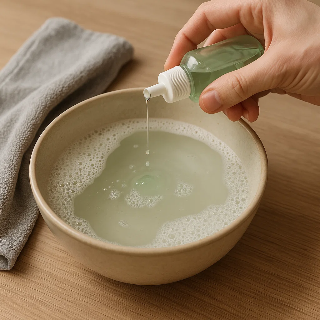 Mixing dish soap into warm water to prepare a gentle wood cleaning solution.

