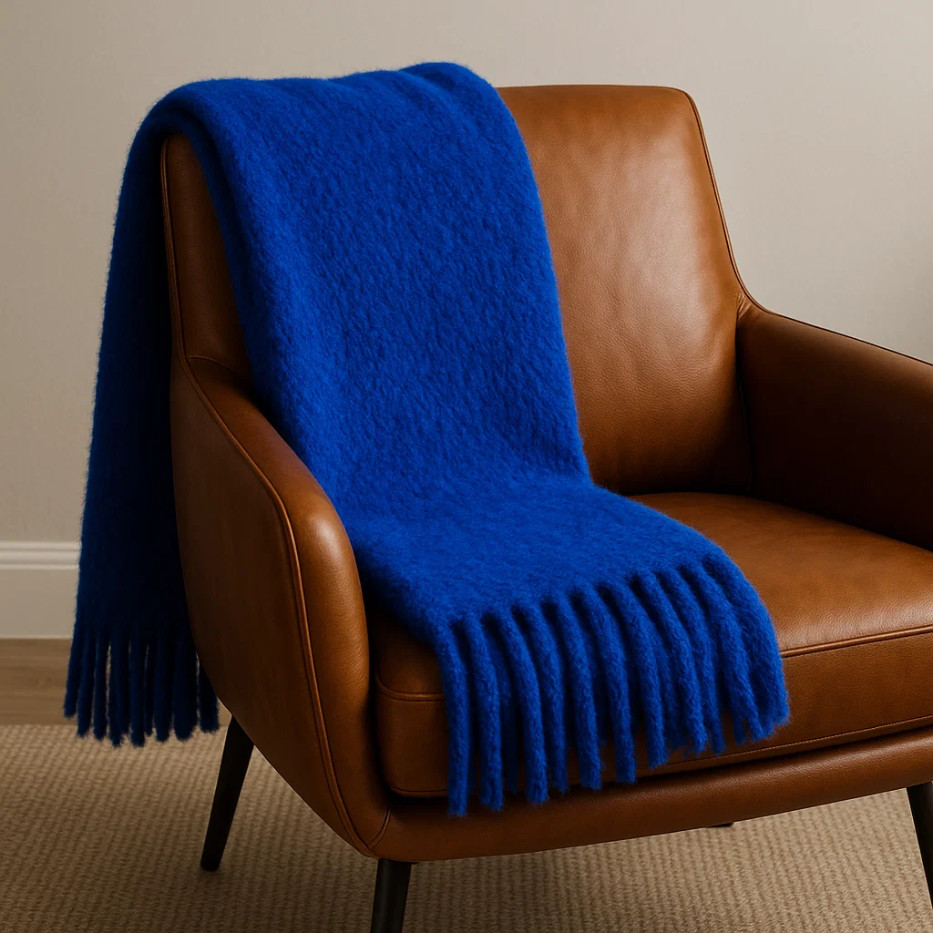 Bright blue throw blanket on brown armchair
