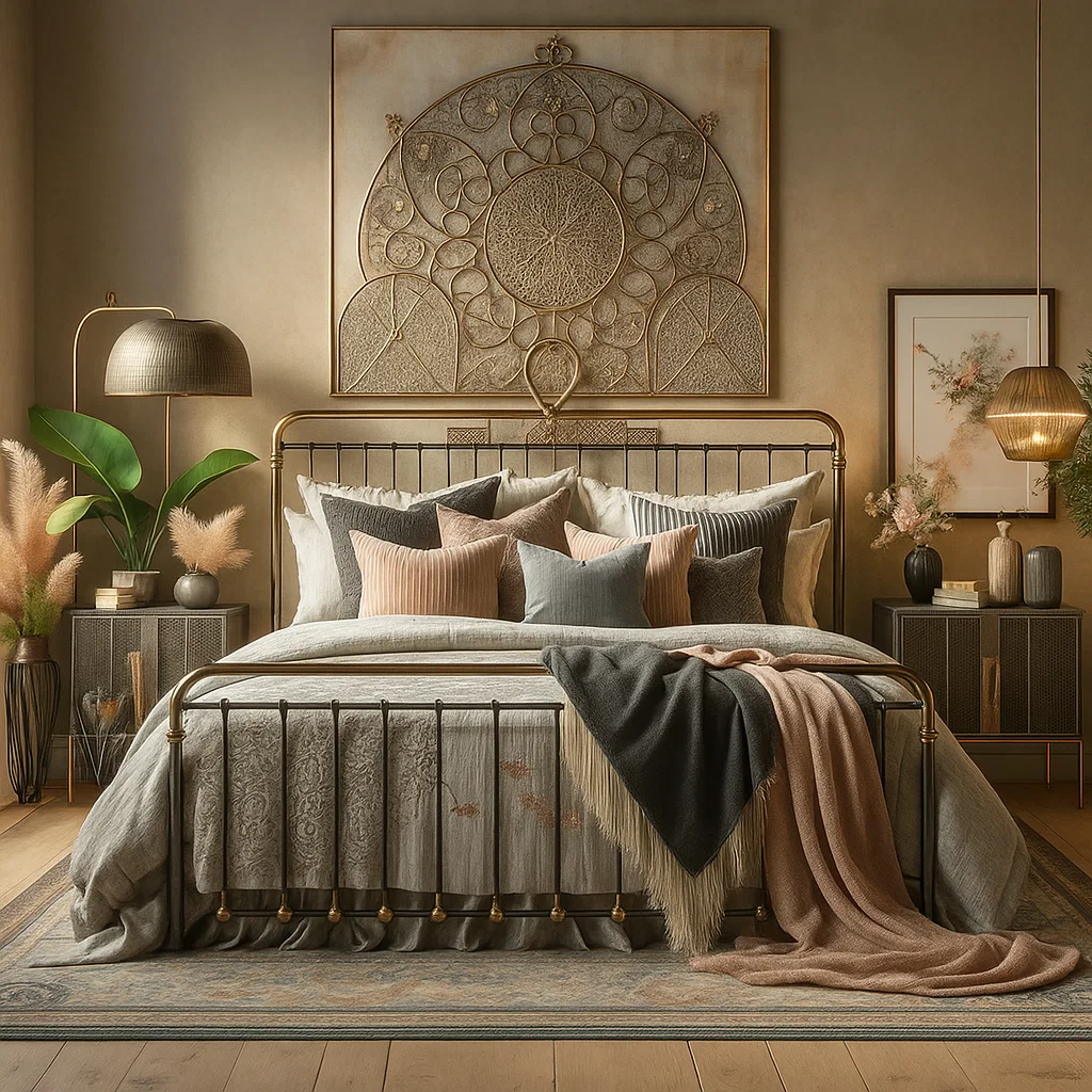Modern metal bed frame paired with simple, contemporary furniture in neutral tones for a sophisticated look.
