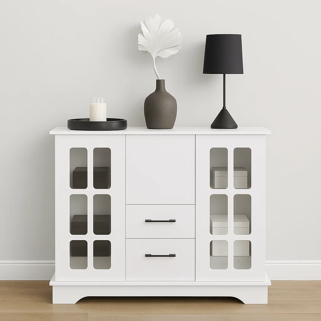 Minimalist buffet cabinet with black lamp, sculptural vase, and tray with a candle on white backdrop.
