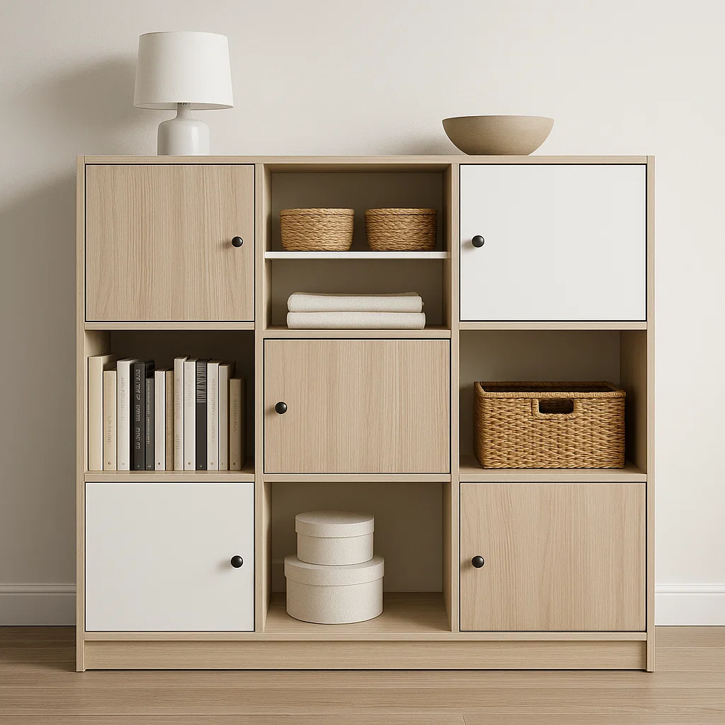 Wooden modular cabinet with books, baskets, and decor items neatly arranged.