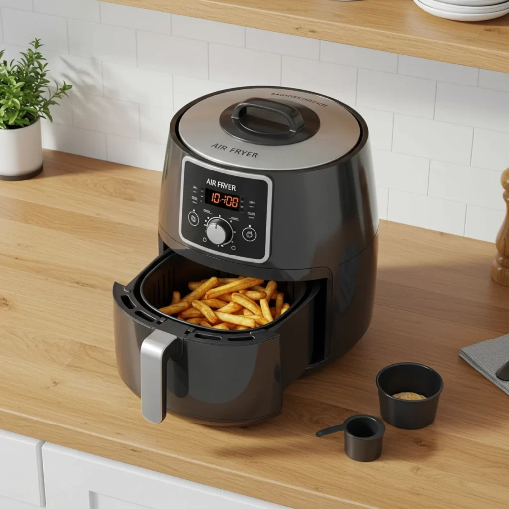 Digital multi-cooker air fryer with fries inside basket.