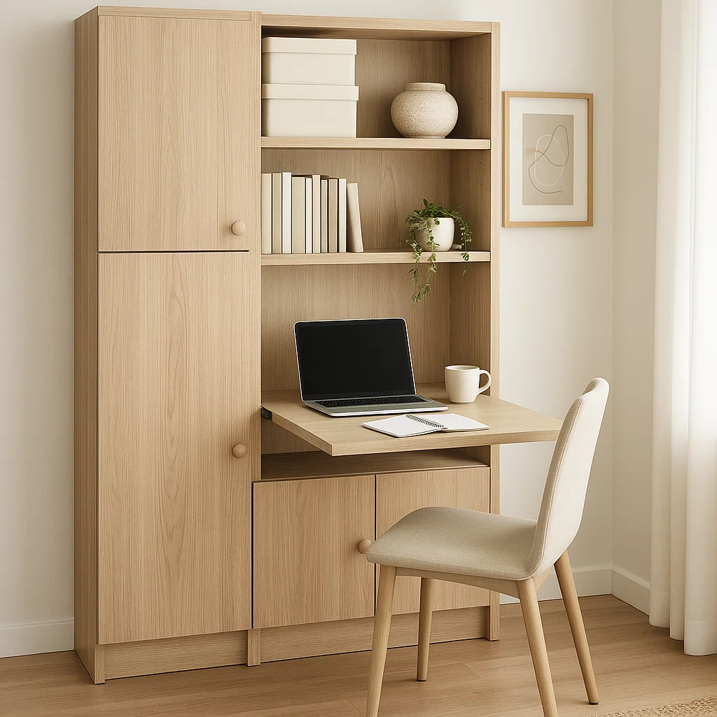 Wooden cabinet with foldable desk, laptop, chair, and shelves with books.