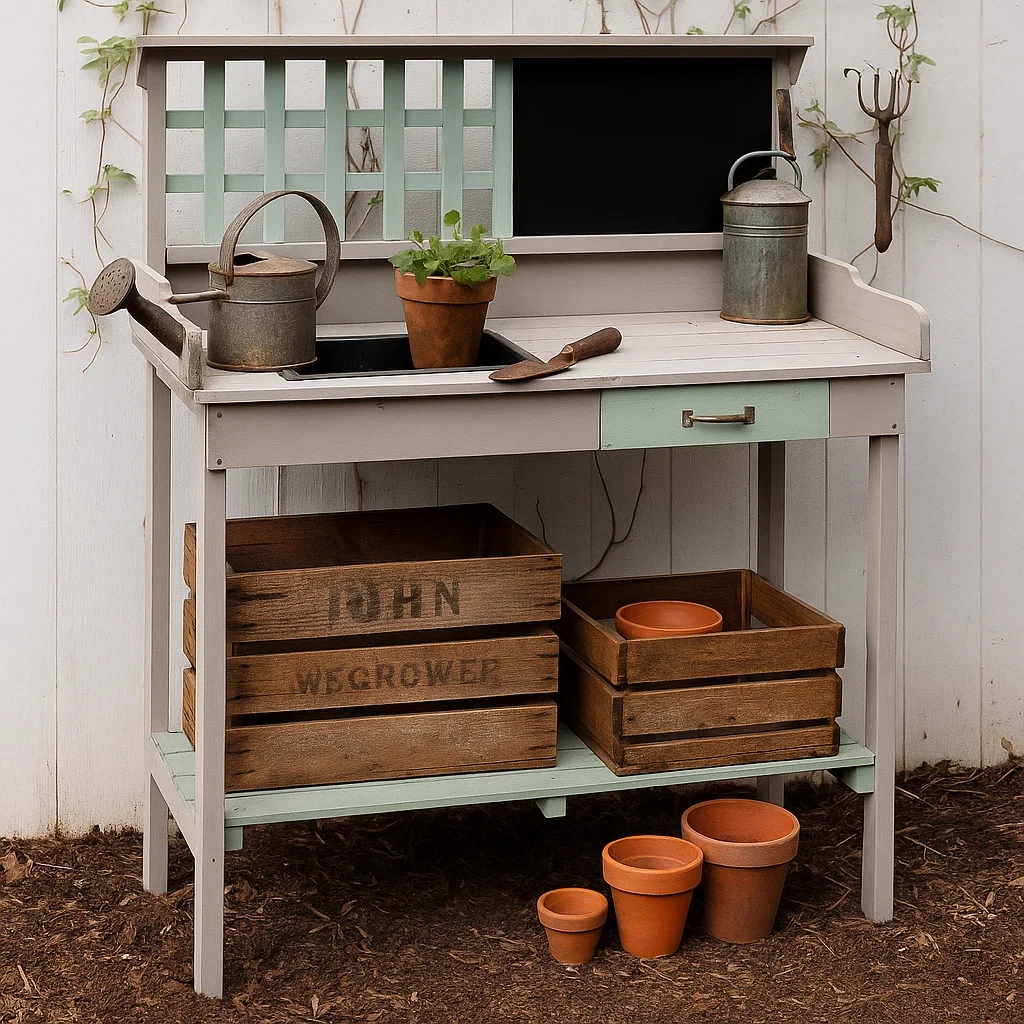 Wooden potting bench with vintage crates and terracotta pots.