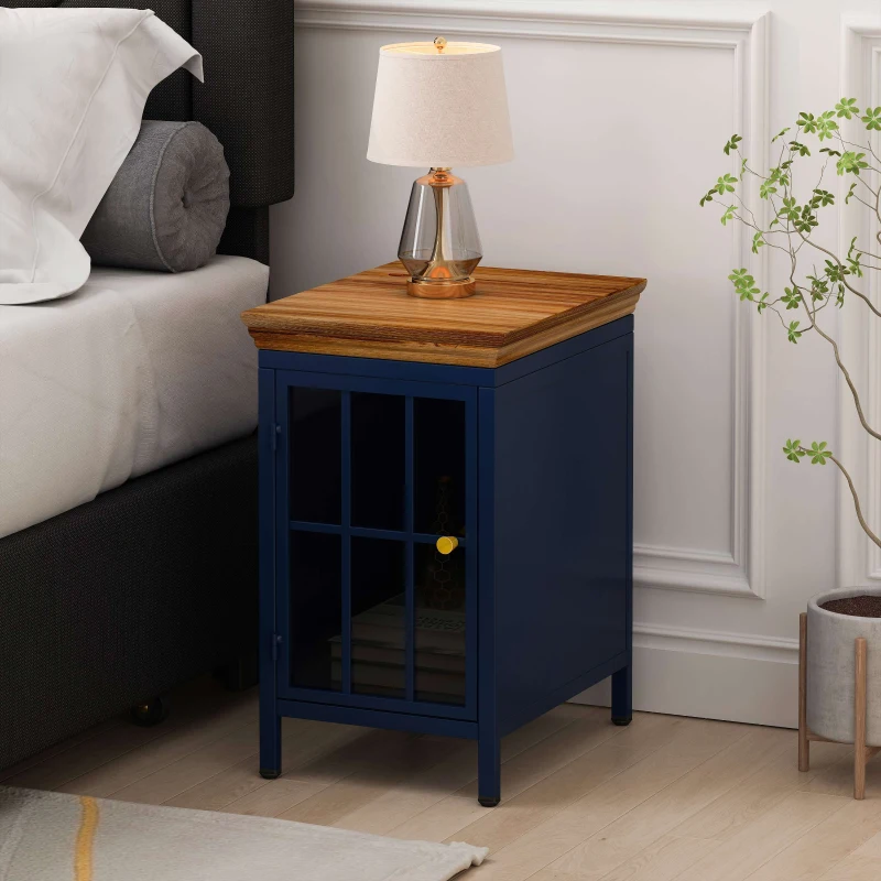 Modern lamp on blue nightstand with wooden top