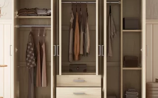 Wooden wardrobe with hanging clothes, folded garments, and storage drawers.