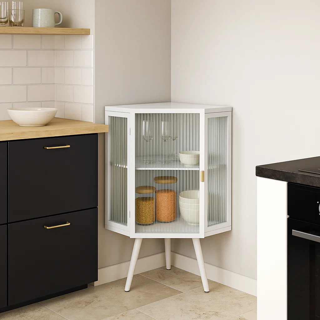Corner cabinet storing jars, bowls, and glassware neatly.
